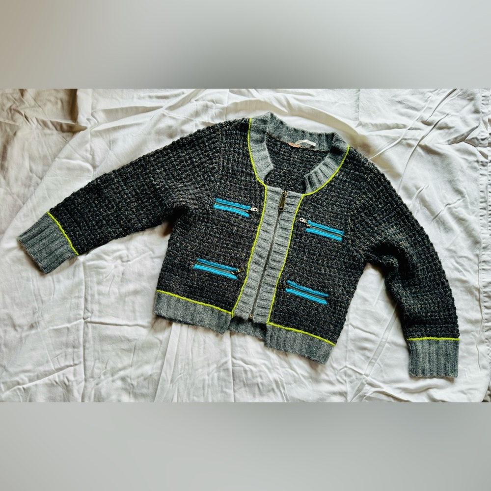 Free People Gray Ceopped Wool Knit Sweater with neon accents size large